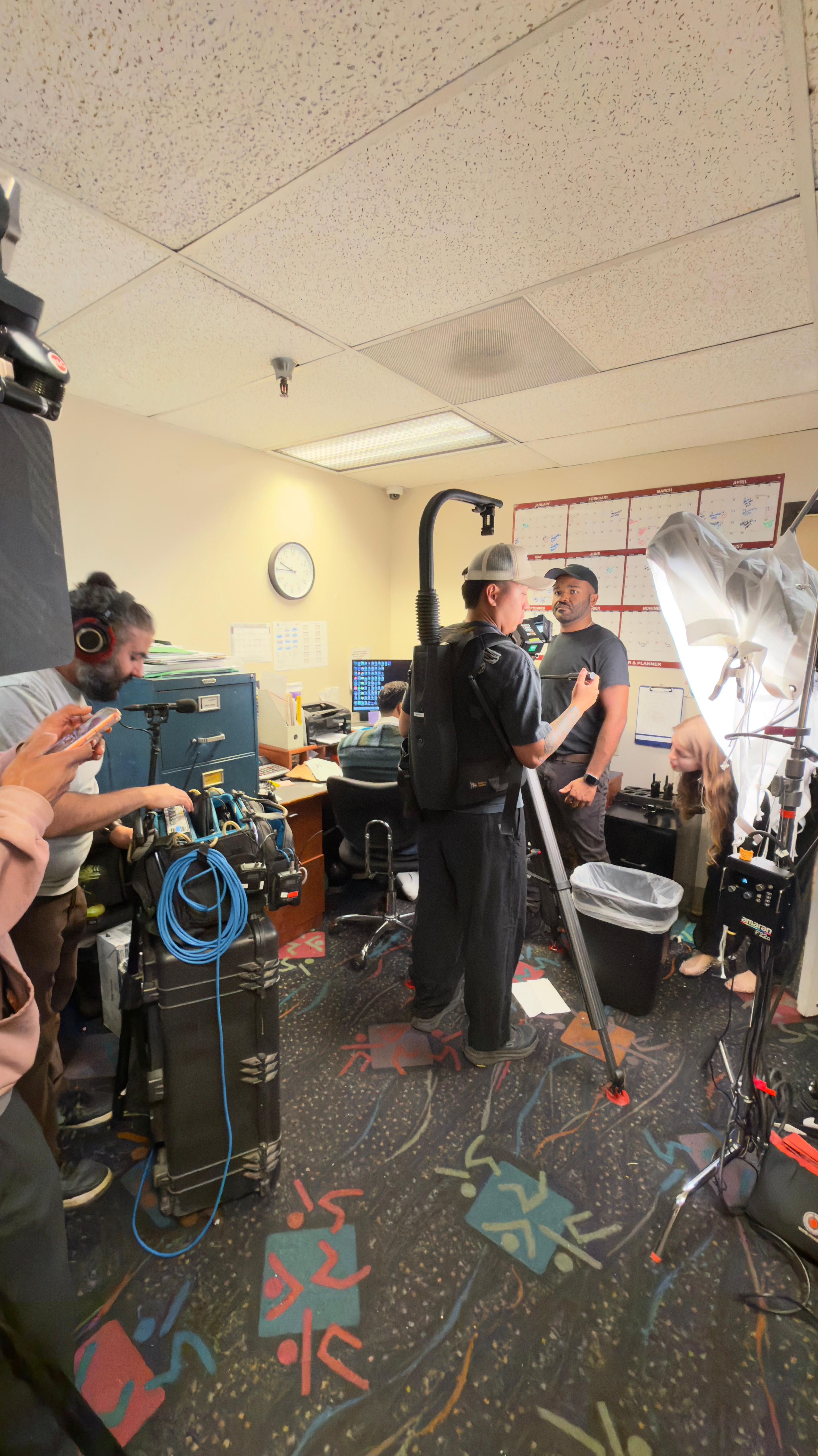 Full production crew on set with lighting equipment - Downtown LA film crew